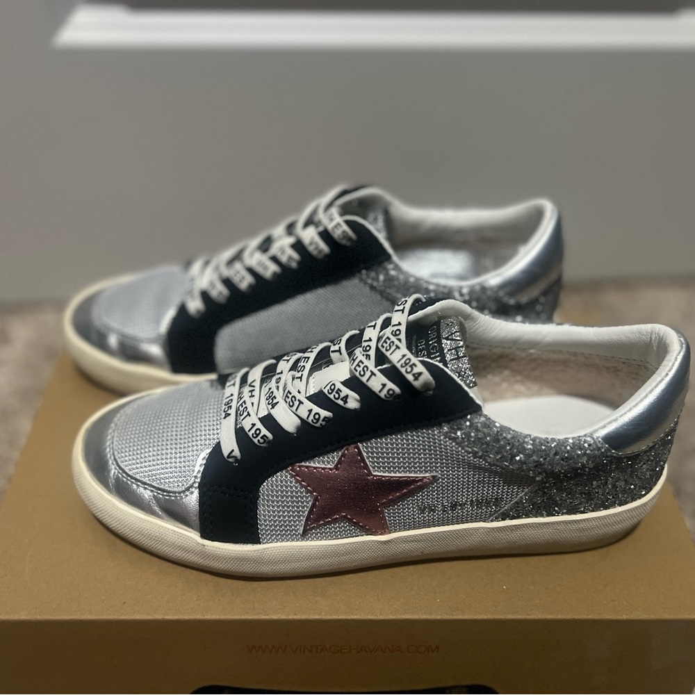 Vintage Havana Silver and Black Sneakers with Pink Star